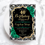 Grüne Rose Goldener Damaskus 40. Geburtstag Einladung<br><div class="desc">40. Geburtstagsfeier Party Einladung. Elegantes florales smaragdgrünes Design mit Imitaten Glitzer Gold und Rose. Enthält ein schwarz-weißes Damask-Muster und einen Script-Schriftart. Ideal für eine stilvolle Damenfeier. Kann für jedes Alter angepasst werden! Gedruckte Zazzle Einladungen oder Sofortdownload digitalen druckbaren Vorlage.</div>