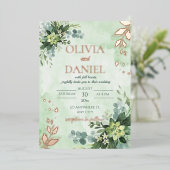 Grüne Rose Goldfolie Blätter Hochzeit Folieneinladung (Stehend vorne)