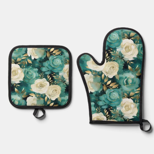 Grüne Rose Ofenhandschuh & Topflappen-Set (Vorderseite)