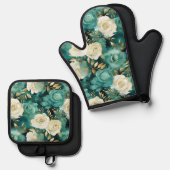 Grüne Rose Ofenhandschuh & Topflappen-Set (Vorderseite/Rückseite)