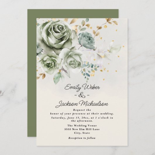Grüne Rose Peonies Eleganter Glitzer Hochzeit Einladung (Vorne/Hinten)