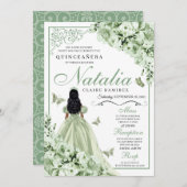 Grüne Rose Princess Dress Tiara Quinceanera Einladung (Vorne/Hinten)