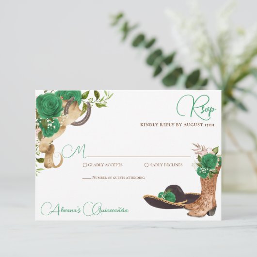 Grüne Rose Rustikaler Charro Western Quinceanera RSVP Karte (Stehend Vorderseite)