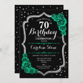 Grüne Rose Schwarzes Silber 70. Geburtstag Einladung (Vorne/Hinten)