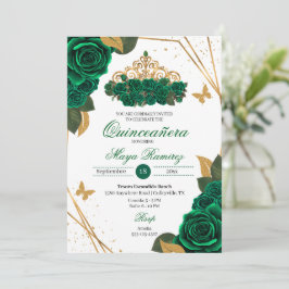 Grüne Rose Tiara Gold Glitzer Quinceañera Einladung