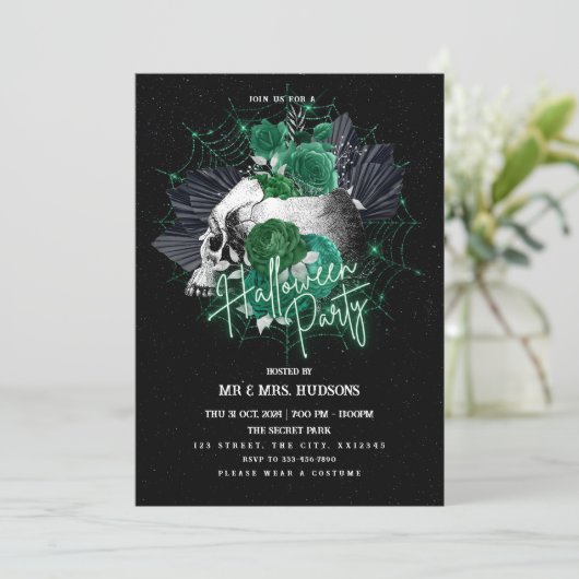 Grüne Rose und Halloween-Party-Einladung Einladung (Stehend Vorderseite)