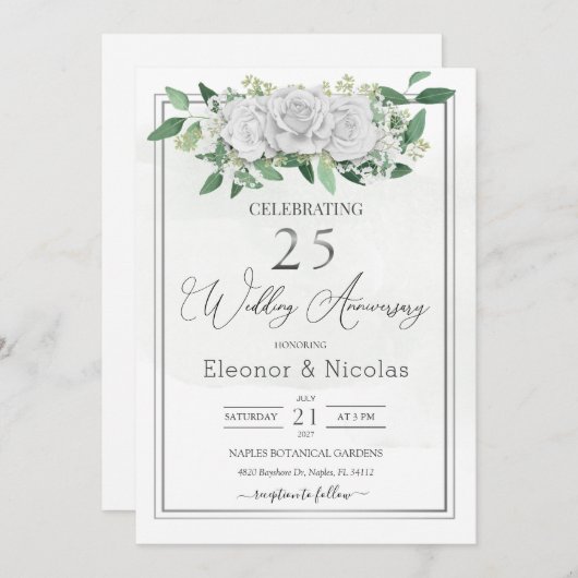 Grüne Rosen 25. Hochzeitstag Einladung (Vorne/Hinten)