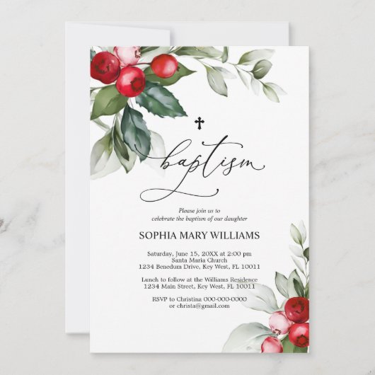 Grüne & rote Berries Taufe Einladung (Vorderseite)