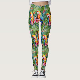 Grüne, rote, blaue Papageien und tropische Blume Leggings
