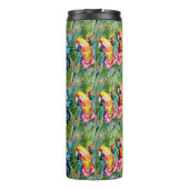 Grüne, rote, blaue Papageien und tropische Blume Thermosbecher (Rückseite)