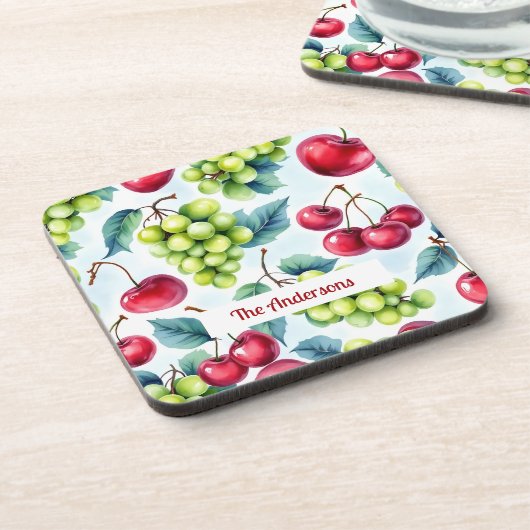 Grüne Rote Früchte Trauben Kirsche Wasserfarbe Getränkeuntersetzer (Linke Seite)