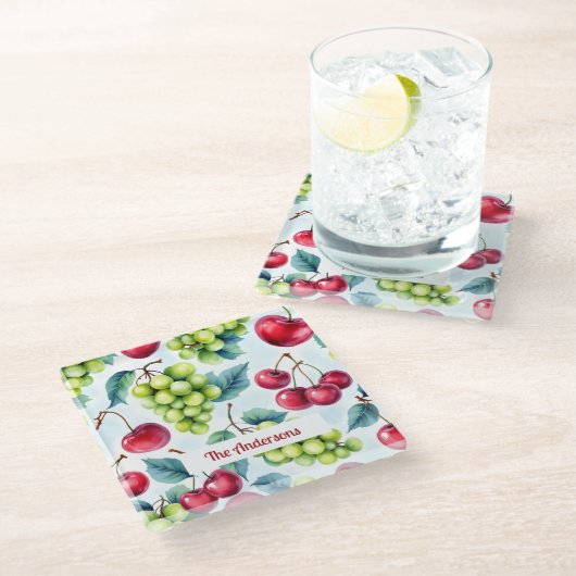 Grüne Rote Früchte Trauben Kirsche Wasserfarbe Glasuntersetzer (Schrägansicht)