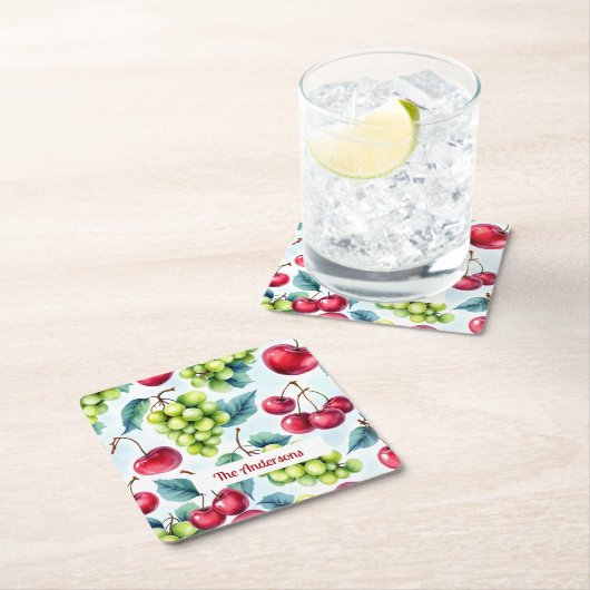 Grüne Rote Früchte Trauben Kirsche Wasserfarbe Rechteckiger Pappuntersetzer (Vor Ort)