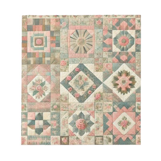 Grüne Röte Rosa Patchwork Blumenmuster Steppdesign Notizblock (Vorderseite)