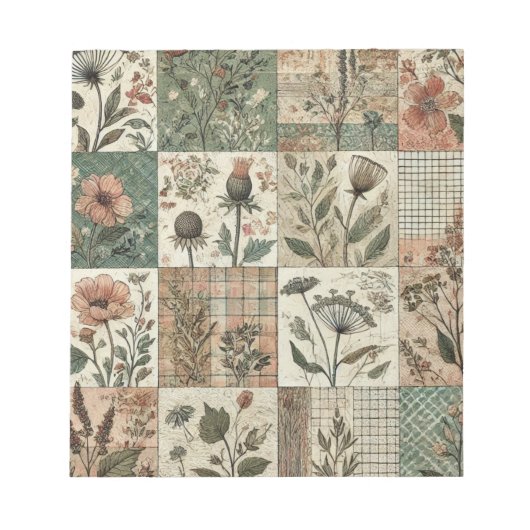 Grüne Röte Rosa Patchwork Blumenmuster-Steppdesign Notizblock (Vorderseite)