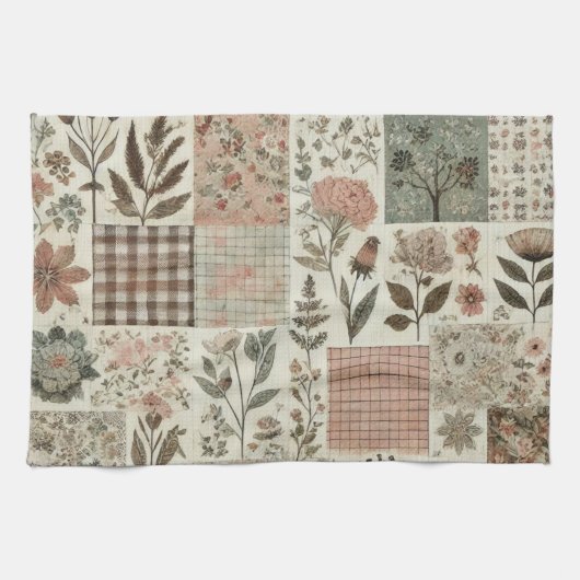 Grüne Röte Rosa Patchwork-Quilt Rustikale Blumenmu Geschirrtuch (Horizontal)