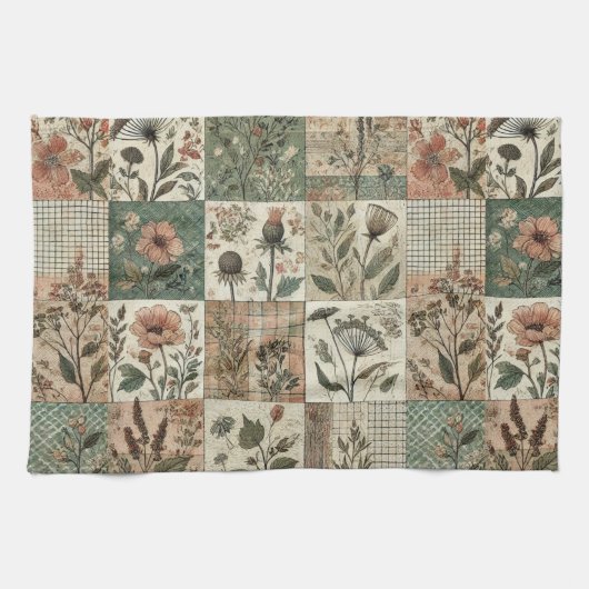 Grüne Röte Rosa Patchwork-Quilt Rustikales Florale Geschirrtuch (Horizontal)