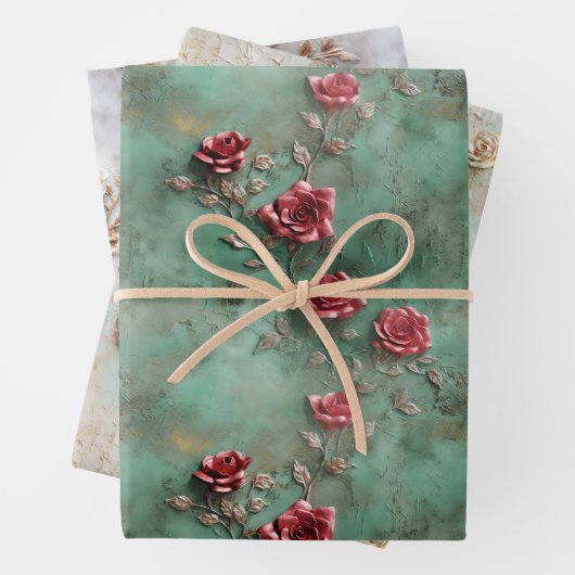 Grüne Rote Rosen Geschenkpapier Set (Beispiel)