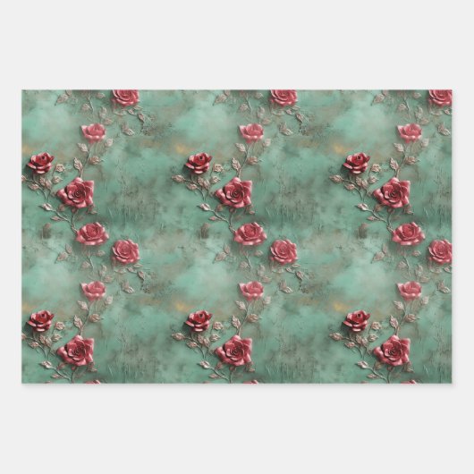 Grüne Rote Rosen Geschenkpapier Set (Vorderseite)