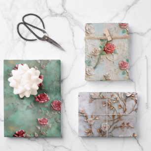 Grüne Rote Rosen Geschenkpapier Set