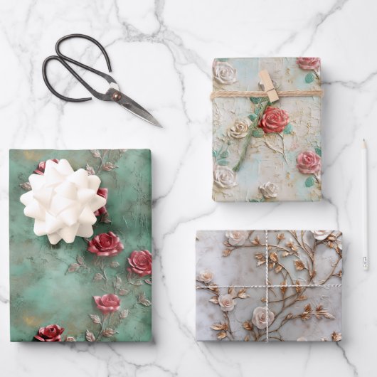 Grüne Rote Rosen Geschenkpapier Set (Vorderseite)