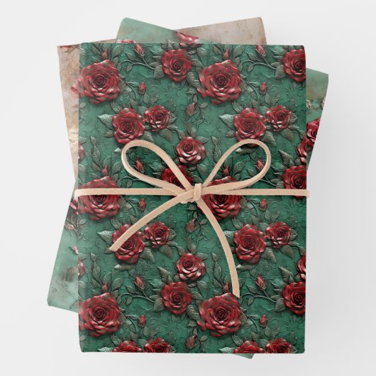 Grüne Rote Rosen Geschenkpapier Set (Beispiel)