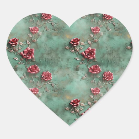 Grüne Rote Rosen Herz-Aufkleber (Vorderseite)