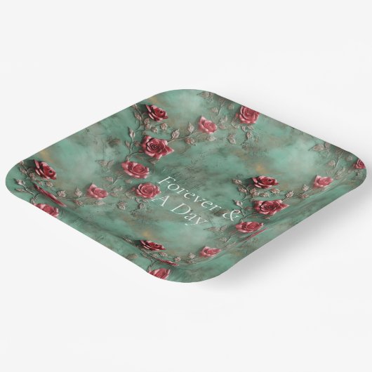 Grüne Rote Rosen Pappteller (Gewinkelt)