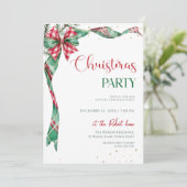  Grüne rote Schleife Bow Weihnachtsfeier  Einladung (Stehend Vorderseite)