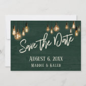 Grüne Rustikal-Holzedisonlichter - Datum speichern Save The Date (Vorderseite)