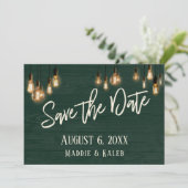 Grüne Rustikal-Holzedisonlichter - Datum speichern Save The Date (Stehend Vorderseite)