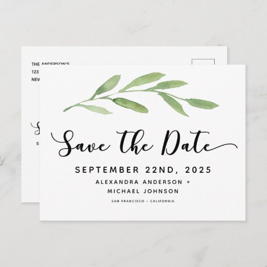 Grüne Rustikale Einfache Elegante Wasserfarbenhoch Ankündigungspostkarte (Vorne/Hinten)