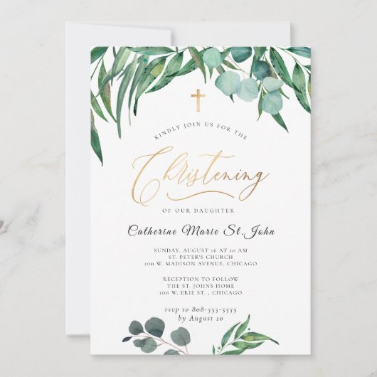 Grüne Rustikale Eukalyptus Imitate Goldweihe Einladung (Vorderseite)