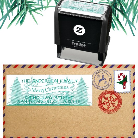 Grüne rustikale frohe Weihnachtsbaum-Rücksendeadre Permastempel