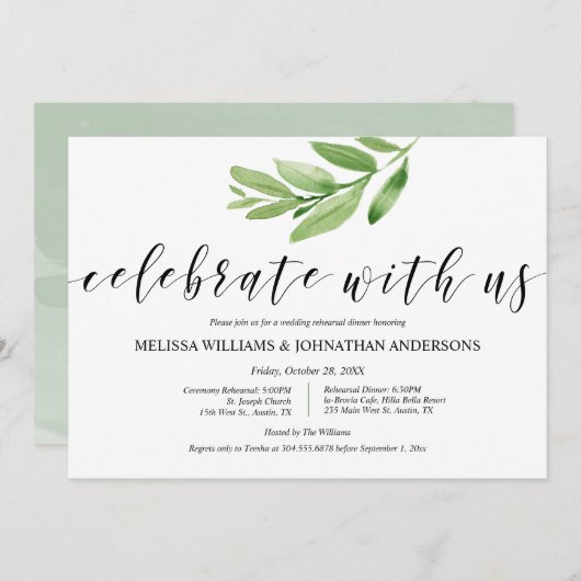 Grüne Rustikale Hochzeit Probe und Abendessen Einladung (Vorne/Hinten)