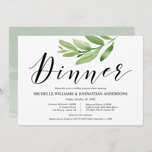 Grüne Rustikale Hochzeit Probe und Abendessen Einladung (Vorne/Hinten)