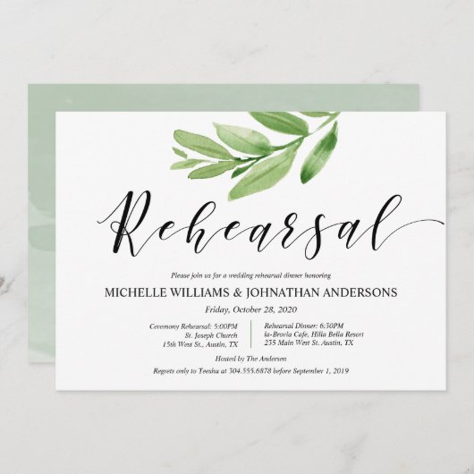 Grüne Rustikale Hochzeit Probe und Abendessen Einladung (Vorne/Hinten)