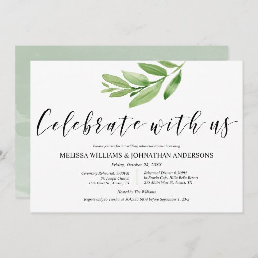 Grüne Rustikale Hochzeit Probe und Abendessen Einladung (Vorne/Hinten)