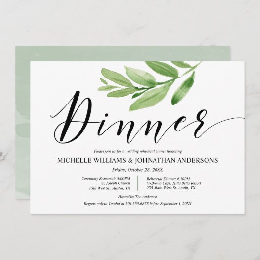 Grüne Rustikale Hochzeit Probe und Abendessen Einladung (Vorne/Hinten)