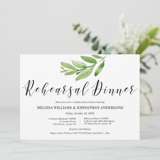 Grüne Rustikale Hochzeit Probe und Abendessen Einladung (Stehend Vorderseite)