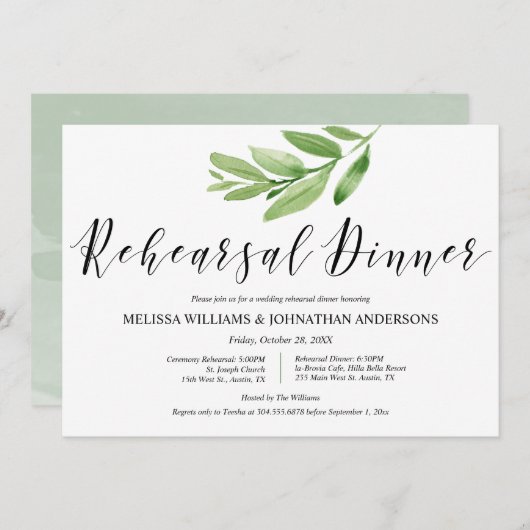 Grüne Rustikale Hochzeit Probe und Abendessen Einladung (Vorne/Hinten)