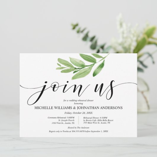Grüne Rustikale Hochzeit Probe und Abendessen Einladung (Stehend Vorderseite)