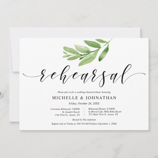 Grüne Rustikale Hochzeit Probe und Abendessen Einladung (Vorderseite)