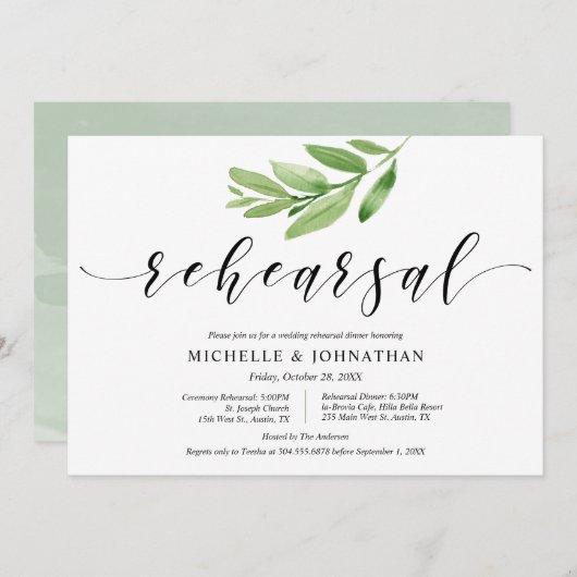 Grüne Rustikale Hochzeit Probe und Abendessen Einladung (Vorne/Hinten)