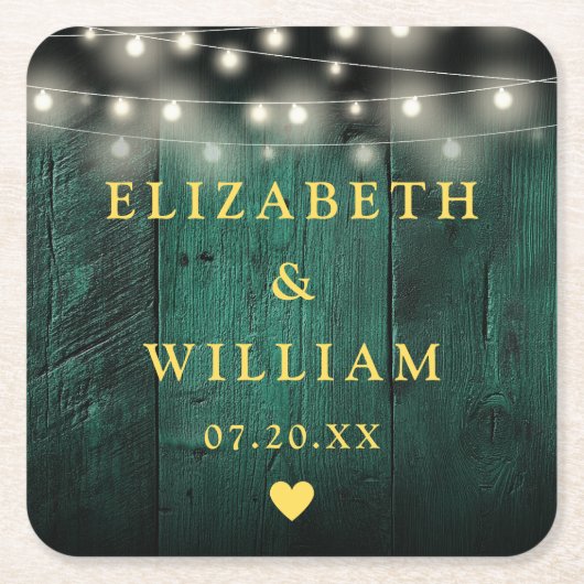 Grüne Rustikale Holz Boho Barn String Lights Hochz Rechteckiger Pappuntersetzer (Vorderseite)