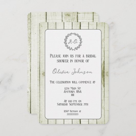 Grüne Rustikale Monogram Bridal Dusche Einladung (Vorne/Hinten)