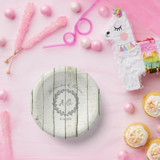 Grüne Rustikale Monogram-Hochzeitspapierschüsseln Pappteller (Party)