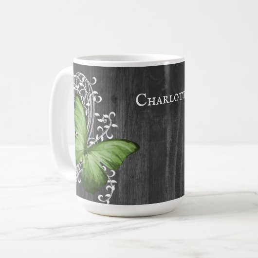 Grüne rustikale Schmetterling Personalisierte Kaff Kaffeetasse (Vorderseite Links)