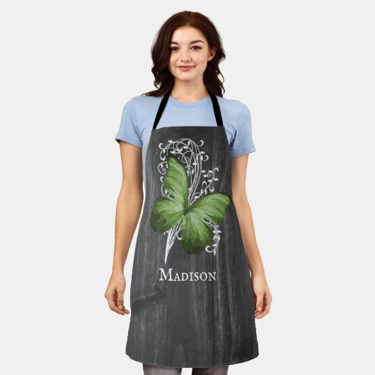 Grüne rustikale Schmetterlingsfliege Personalisier Schürze (Getragen)