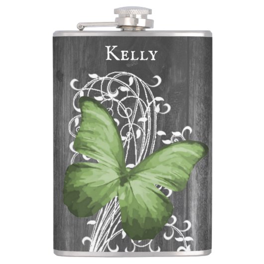 Grüne Rustikale Schmetterlingsmaske Personalisiert Flachmann (Vorderseite)